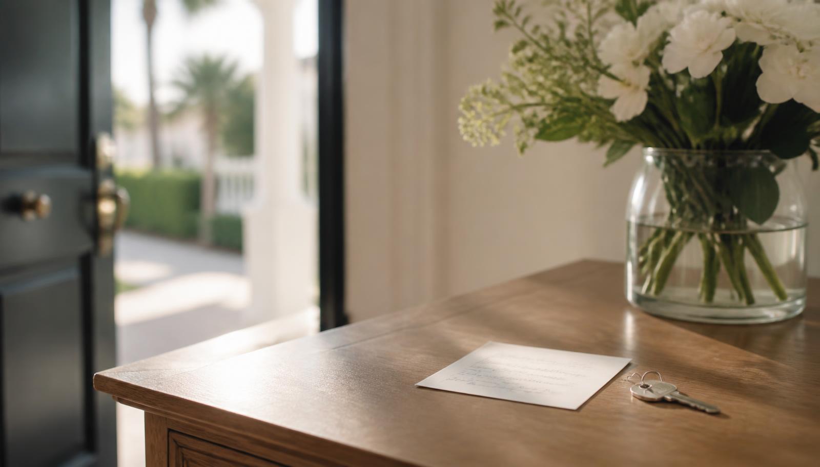 Handwritten note and house key on a sunlit console table