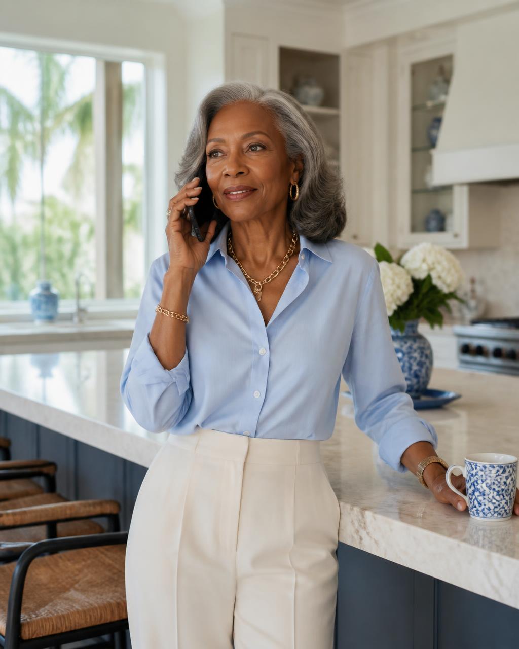 Sophisticated Black woman speaking on the phone in a bright kitchen