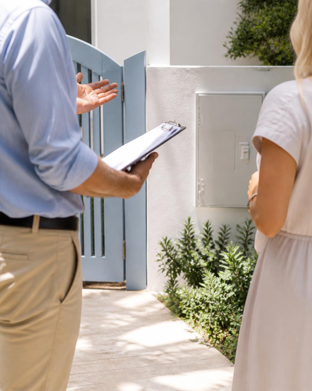 Two people near a home's entrance, one holding a clipboard
