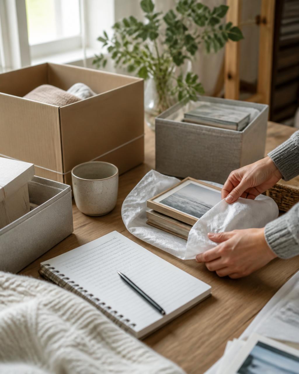 Hands wrapping framed photos amid moving boxes